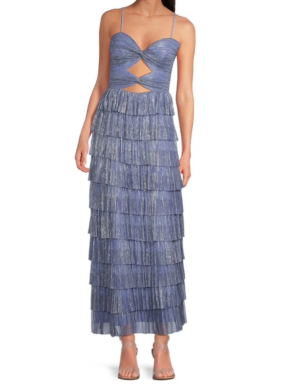 Gianni Bini Grace Metallic Plisse Sweetheart Neck Cut-Out Tiered Dress Chambray - Picture 4 of 14